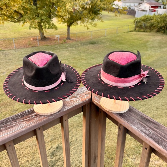 Black Flat Brim hat with Pink Tooled Leather, Arrowhead Shaped Hat - Picture 4 of 4